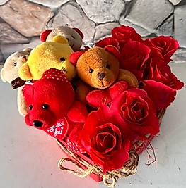 Kalpli Kutuda Yapay Kırmızı Gül & Ayıcık Aranjmanı